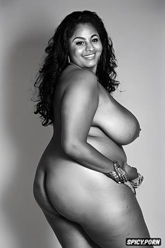 deep eyes, totally naked, half view, wide hips, hyper realistic big mature