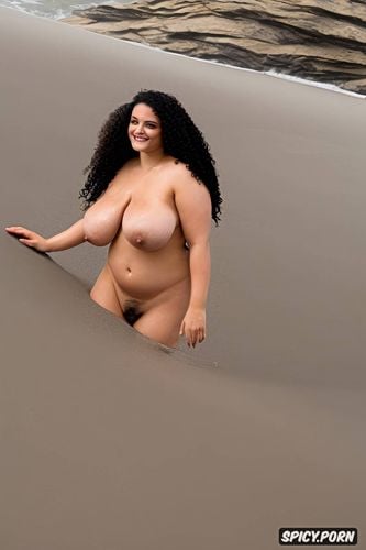 chubby naked, pubic hair, gigantic natural boobs, beach, laughing