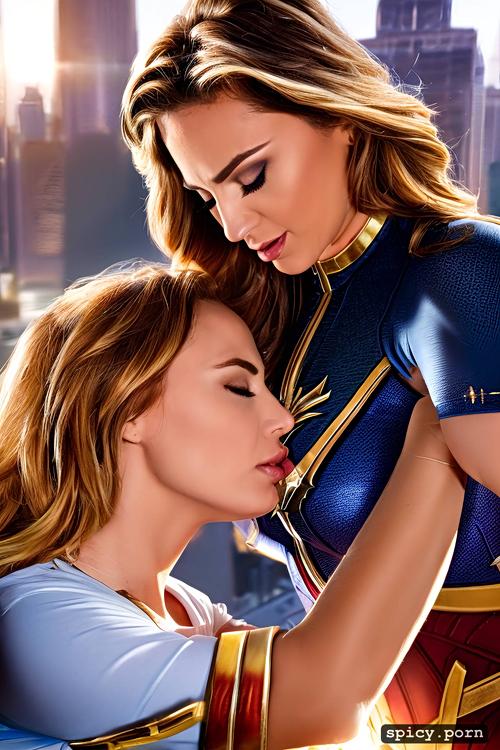 rooftop, kissing, captain marvel and wonder woman, lesbian sex