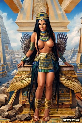 detailed eyes, frontview, smiling, desert, long black hair, antique egyptian