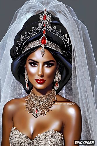 high resolution, ultra detailed, princess jasmine aladdin beautiful face young tight low cut black lace wedding gown tiara no make up masterpiece