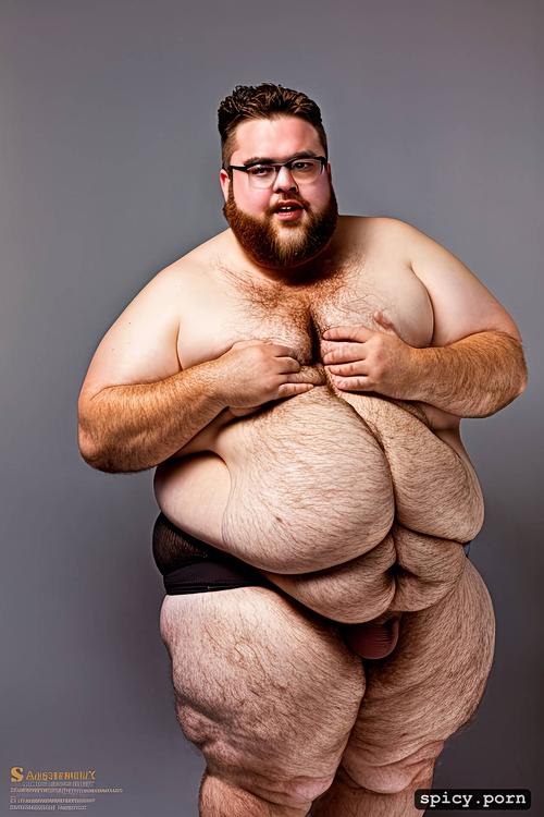 whole body, realistic very hairy big belly, irish man, cute round face with beard and glasses