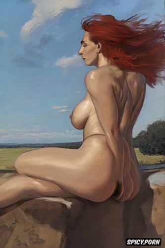 full pubic hair wind in hair, red hair, looking at the viewer