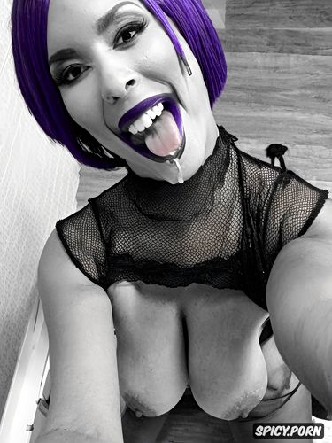 natural tits, bimbo, bobcut hair, purple hair, halloween, happy face
