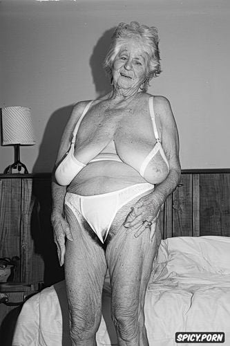 thin ninety year old woman, bedroom, color photo, white pubic hair