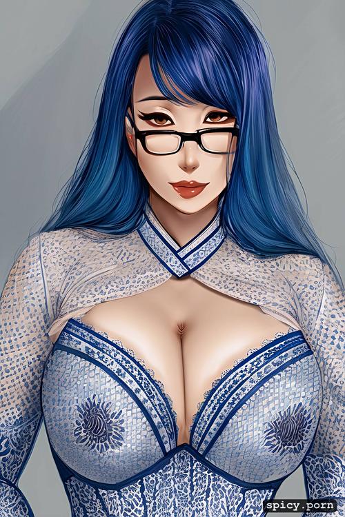 korean woman, blue hair, elegant, glasses, perky tits, skinny body