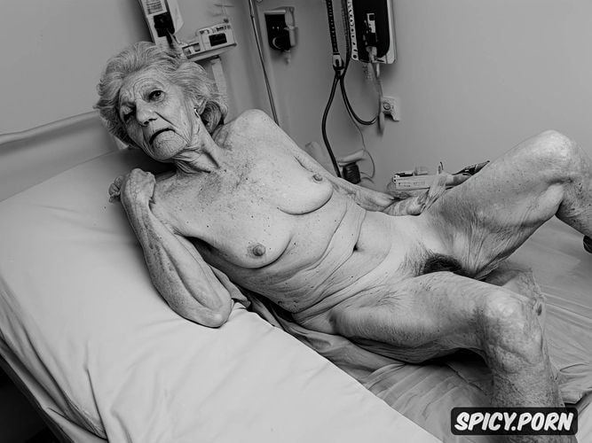 spreading thin pale old legs on hospital bed, hospital bed, completely naked demented elderly woman