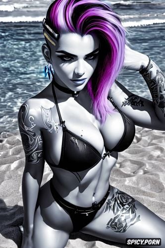 high resolution head shot, ultra detailed, sombra overwatch beautiful face young tight black bikini bottoms topless tits out tattoos beach masterpiece