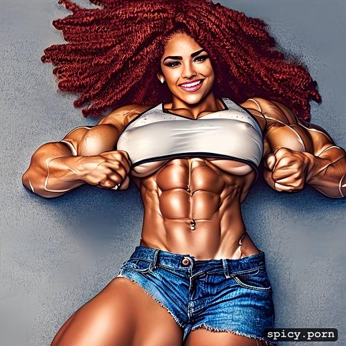 no body fat, extremely well defined muscles1 77, big eyes, three extremely beautiful 18 year old white female bodybuilders
