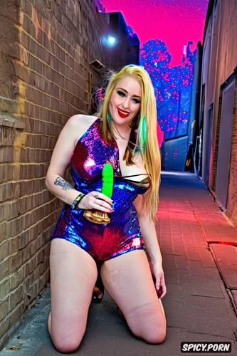 brown eyes, tits showing, messy blue eyeshadow, red and blue sequin shorts