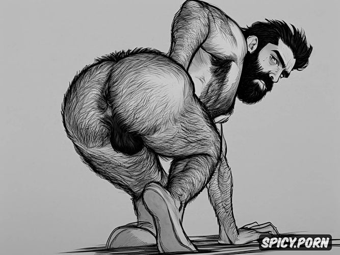 natural thick eyebrows, huge penis in ass, back view, intricate hair and beard