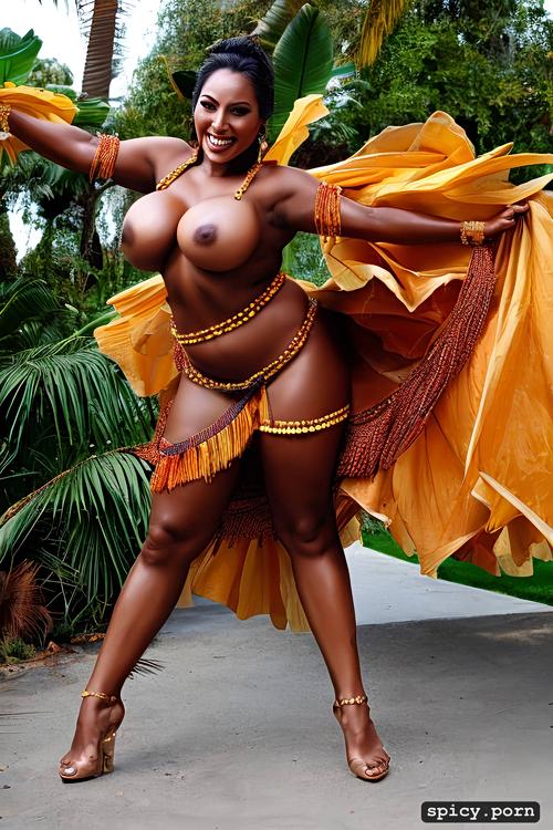 42 yo beautiful tahitian dancer, color portrait, intricate beautiful hula dancing costume