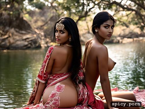 saree, indian woman, oiled athletic body, black hair, natural big tits