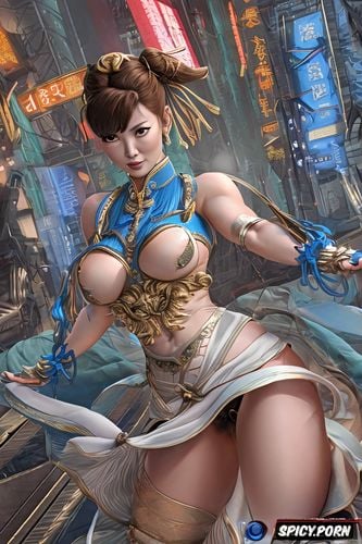 showing upskirt, long dress, chubby belly, chun li streetfighter