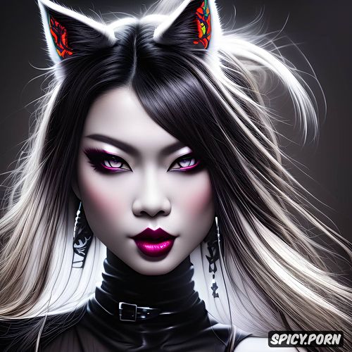 black fox ears, heavy metal clothing, japanese lady, focus on face and shoulders