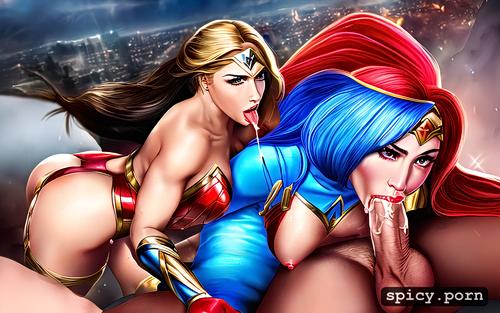wonder woman has long red nails, ultra detailed, breast grab oral sex