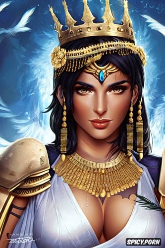 pharah overwatch beautiful face young tattoos flowing low cut white greek robes golden greek wreath crown busty smirking portrait