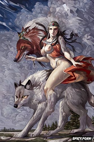 lifting one knee, peincess mononoke squatting riding on a giant wolf