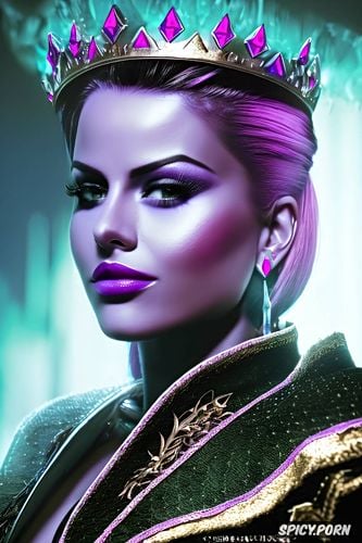 abs, masterpiece, ultra realistic, sombra overwatch female fantasy queen fantasy castle crown royal gown beautiful face portrait muscles