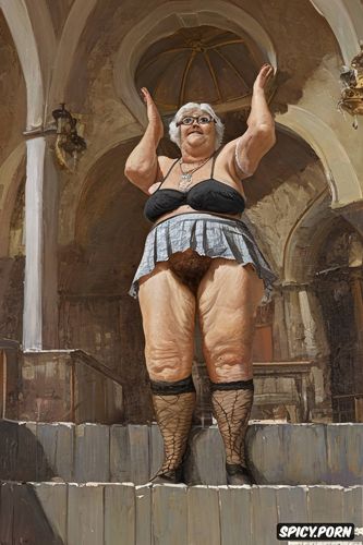 an old fat grandmother in the church lifted up her skirt, short messy hair