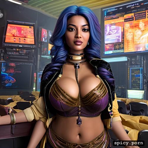 indian woman, 28 yo, curly hair, perky breasts, purple hair