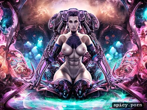 kneeling submissively, gorgeous naked cyborg woman, detailed gorgeous face