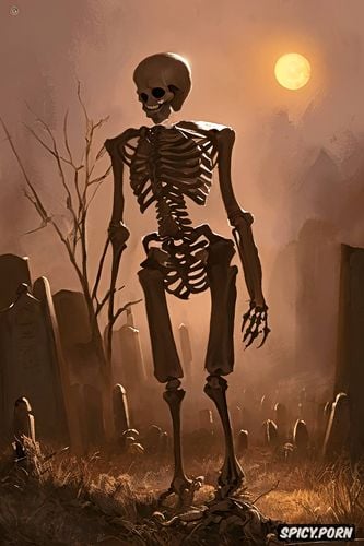 foggy, graveyard, spooky haunting standing human skeleton, full body moonlight