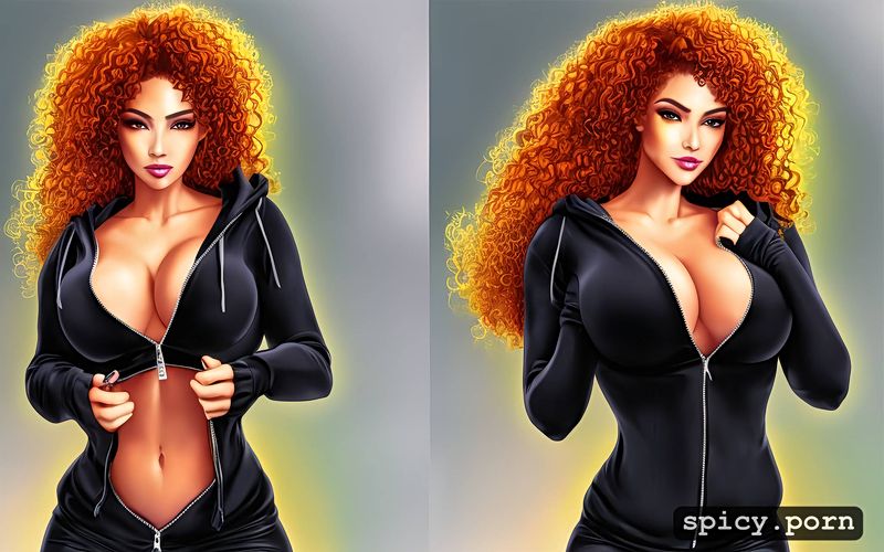 boobs in the zipper, ebony female, wearing zipper hoodie, curly hair