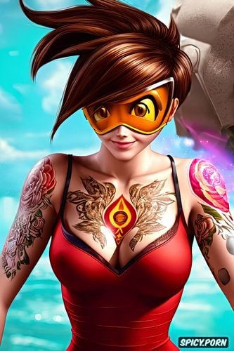 tracer overwatch beautiful face young full body shot, tattoos small perky tits elegant low cut tight dark red dress masterpiece