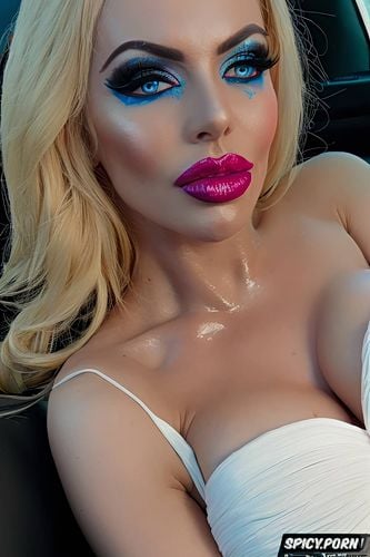 perfect skin, blue eyes, 25 yo, beauty spot, thick overlined lip liner