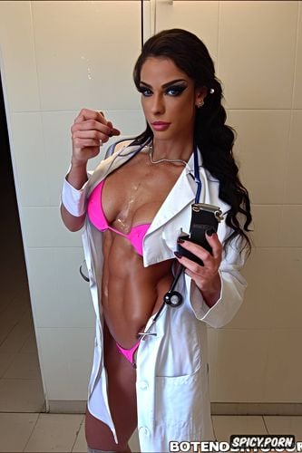 defined muscles, huge muscles, defined abs, taking complete body selfie showing face boobs and abs in doctor office