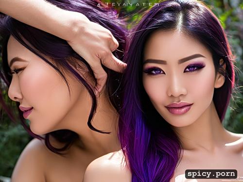 curvy body, purple hair, chinese women, happy face, perfect face