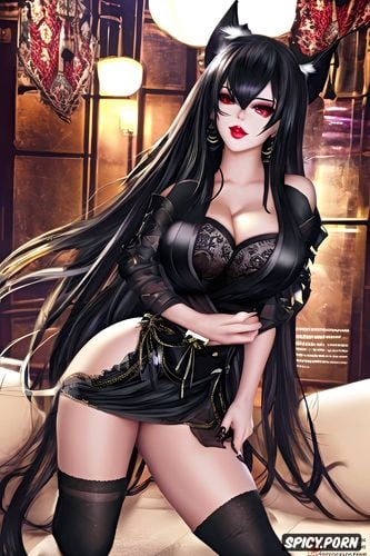 shiny, soft black lips, seducing, and massive big juicy thousand cc breasts with perky hard nipples that are peaking through the kimono kuro wears black a pitch black kimono that slightly covers her oiled curvy divine body her shoes are long