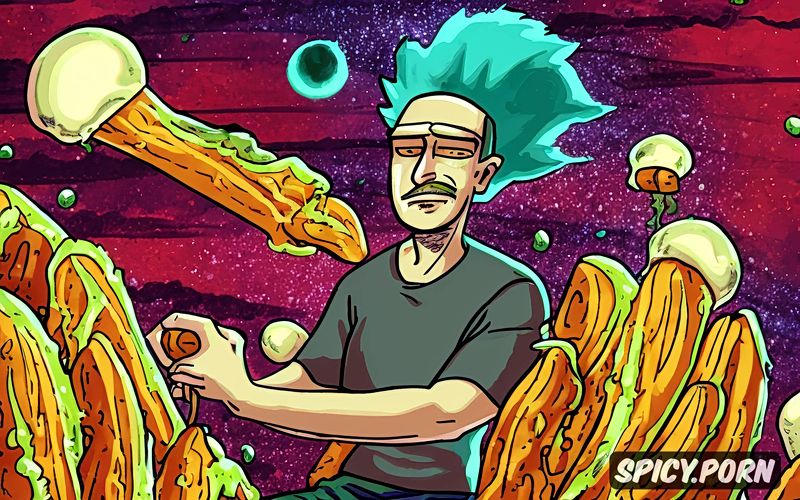 rick and morty eating very hot steaming potatoes in outerspace