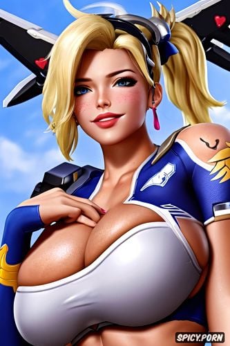 mercy overwatch beautiful face young full body shot, ultra realistic