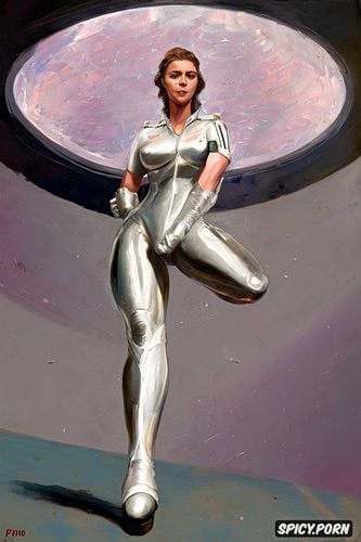 wide hips, fat thighs, female officer, large feet, space age