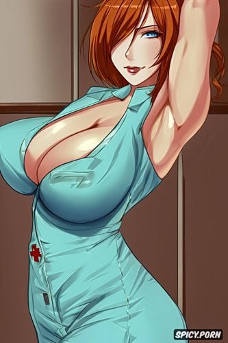 ginger hair, huge boobs, nurse, thick body, backlighting, piercing