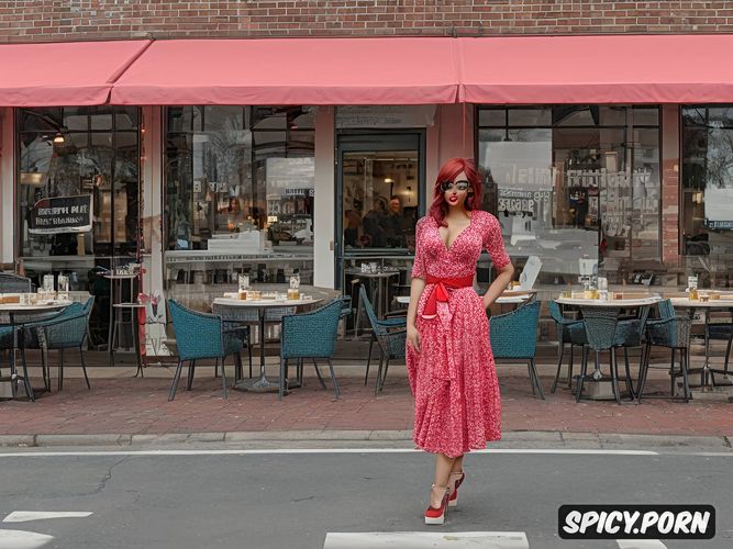 wide stance, exotic waitress, standing in front of a cafe, intricate hair