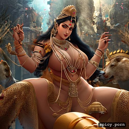 spreading legs, beautiful face, large covered breasts, devi draupadi