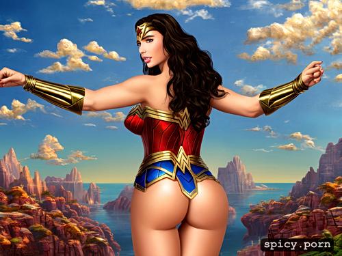 wonder woman, view from behind, shaved pussy, naked, round ass
