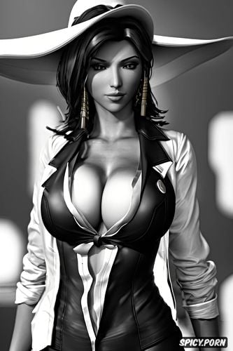 pharah overwatch black blazer white shirt shirt unbuttoned beautiful face full lips milf full body shot