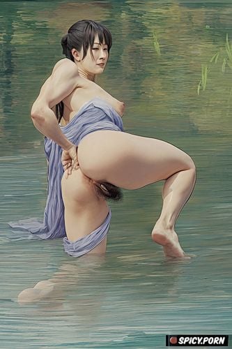 japanese nude, portrait, foot, unveiling hair vagina, impressionism monet painting