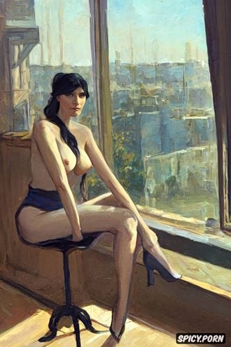 background city in myst, intimate tender lip, ilya repin painting woman 25 years old sitting on stool in kitchen and looking outside of window