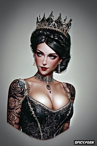 tattoos masterpiece, ultra detailed, elizabeth bioshock infinite beautiful face young tight low cut black lace wedding gown tiara