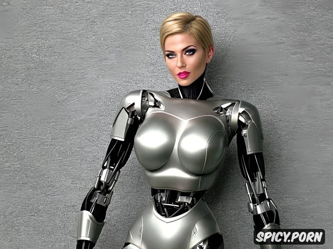 internal robotic parts visible in the abdomen, sexy blonde robot with fully metallic body and huge tits