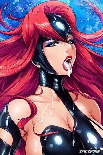 covered in cum, ahegao face, red hair, stunning face, black latex catsuit