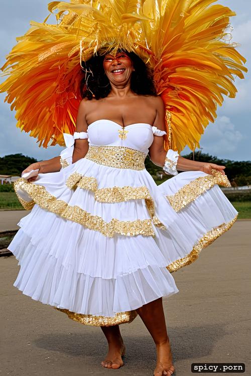 color portrait, beautiful smiling face, long wavy hair, 68 yo beautiful white caribbean carnival dancer