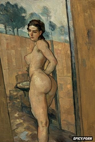 cézanne oil painting, beautiful female face, taking a piss