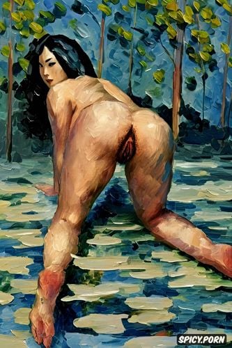 cézanne painting, wide hips, hairy vagina, fat thighs, lifting one leg