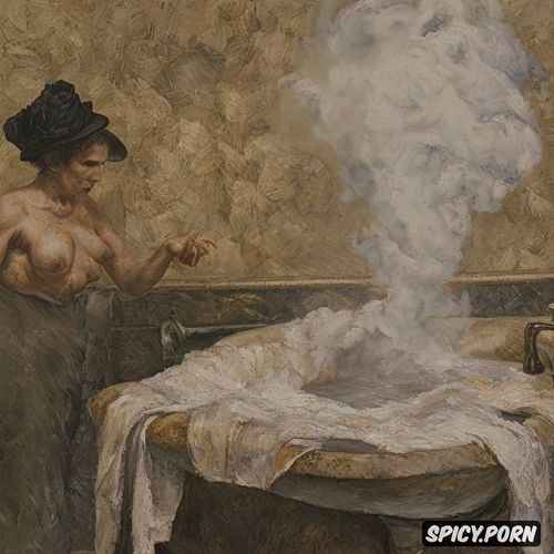 taking a bath, post impressionist fauves erotic art, fog, touching breasts tiled bathing